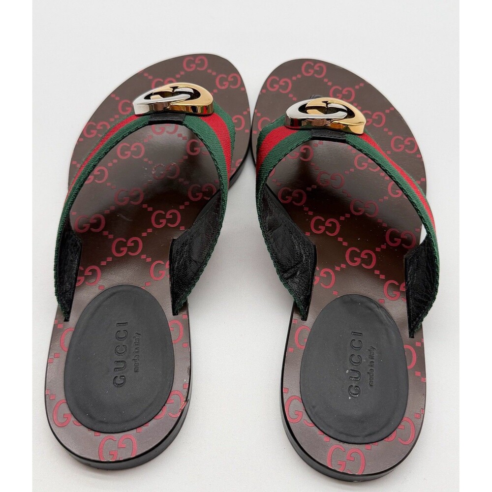 Gucci Kika GG Web Stripe Thong Sandals Black Red Flip Flop Flats EU 37.5 US 7.5 - Picture 4 of 13